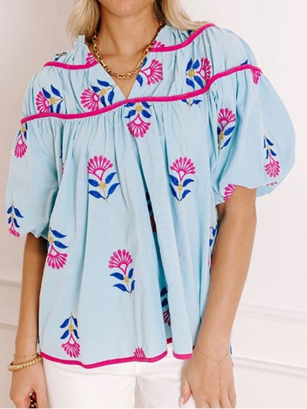 Umgee Size M Joyful Bloom Floral Embroidered Bohemian Inspired Top in Sky Blue